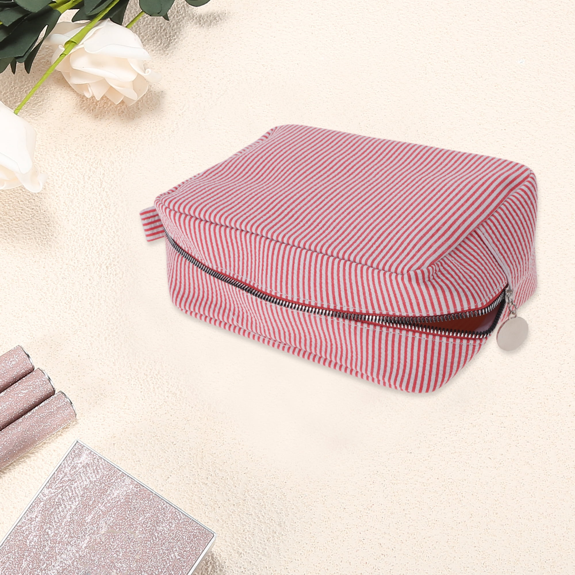Unique Bargains 1 Pc Large Striped Pattern Makeup Bag for Travel Red