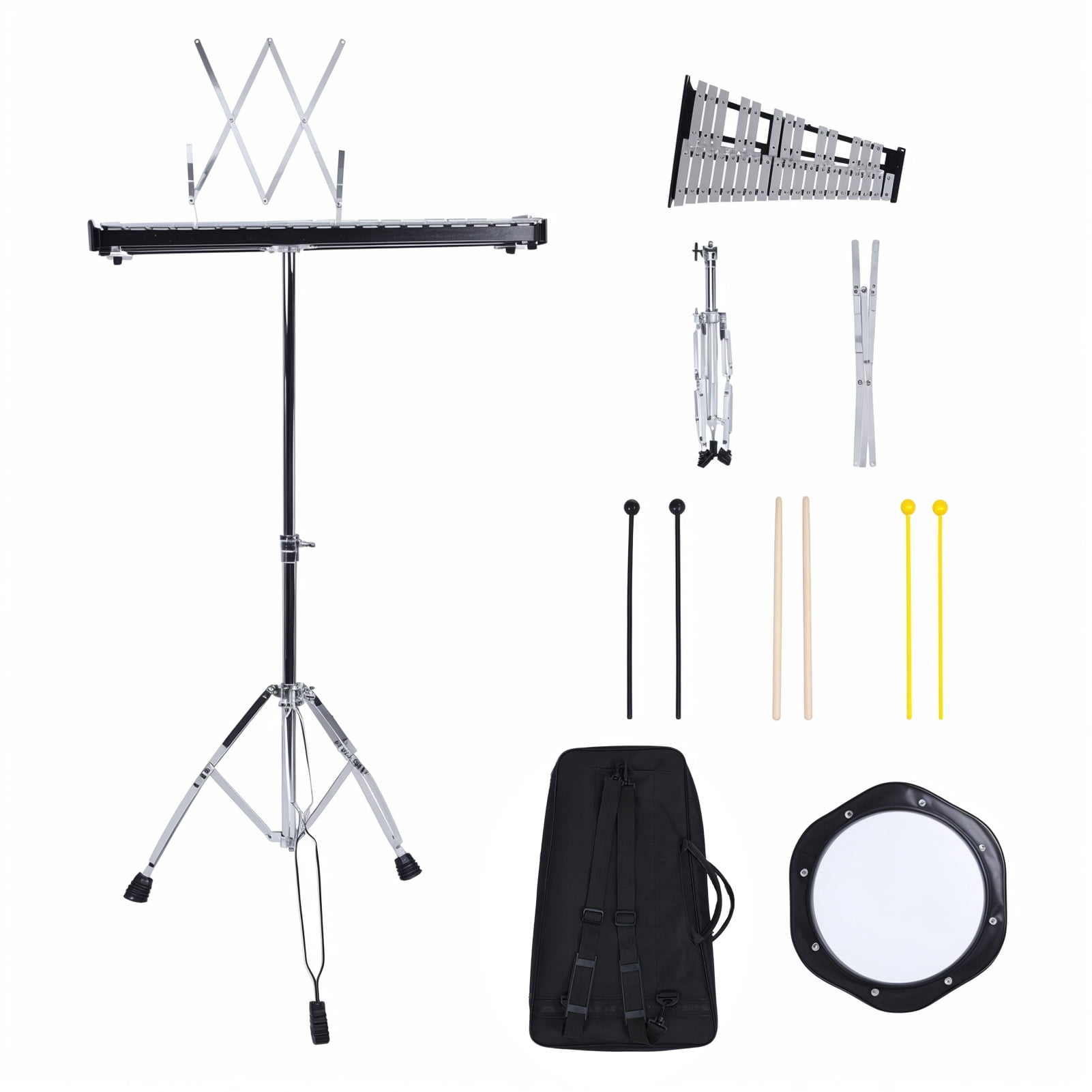Wliqien 32 Notes Glockenspiel Kit, Aluminum Plate Xylophone Bell Percussion Instruments with Adjustable Height Stand, Practice Pad Mallets & Wooden Drumsticks, Portable Carrying Bag