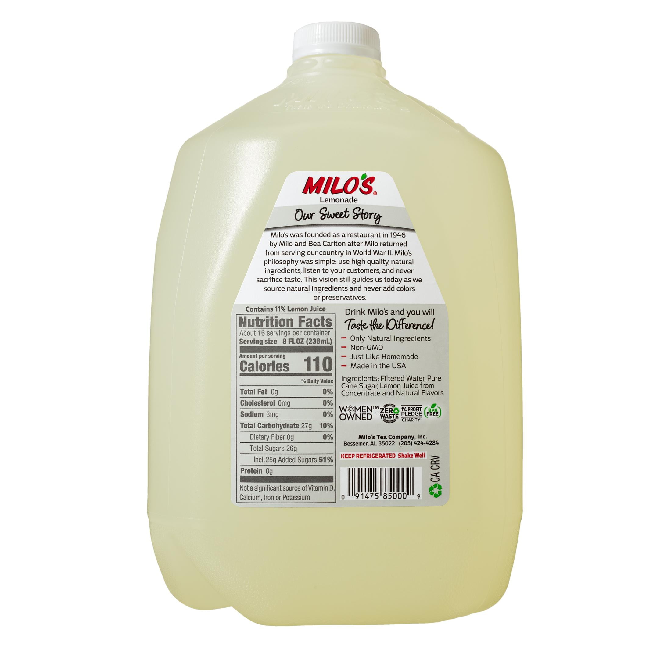 Milo's Lemonade Juice Drink 100% Natural, 128 fl oz Refrigerated Jug Caffeine Free, No Added Colors