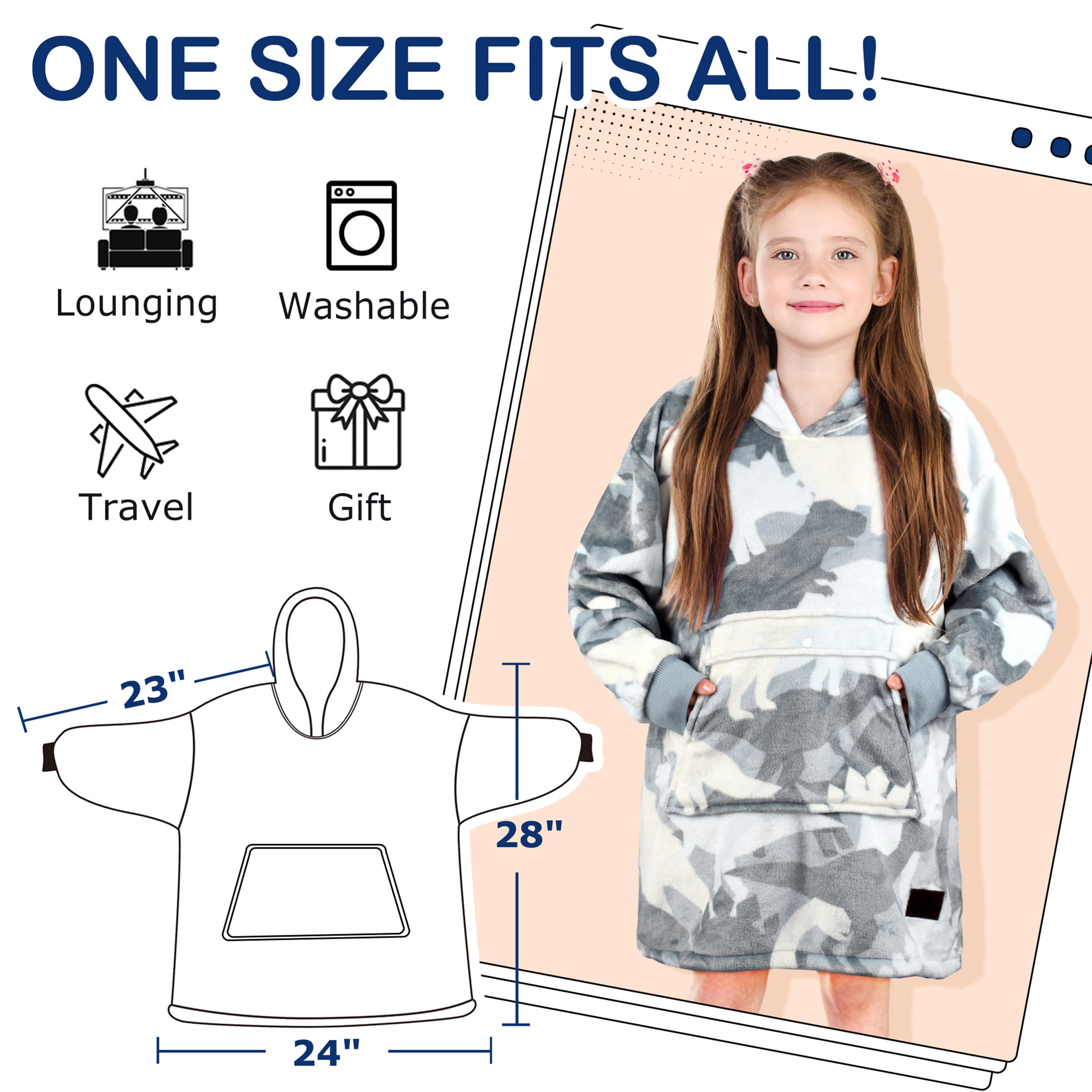 Catalonia Dionsaur Wearable Blanket Hoodie for Kids, Fleece Snuggy Sweatshirt Pullover, 4-12 Years Boy Girl Gift, 28 × 24 inches