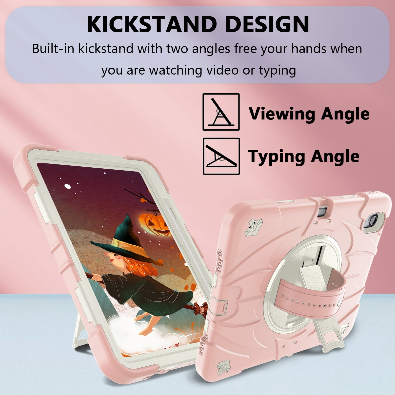 ELEHOLD Case for Apple iPad 10th Gen, Heavy Duty Shockproof Case with Pencil Holder/Stand/Hand Strap/Shoulder Belt, Rugged Protective Cover for Boys Girls,Pink
