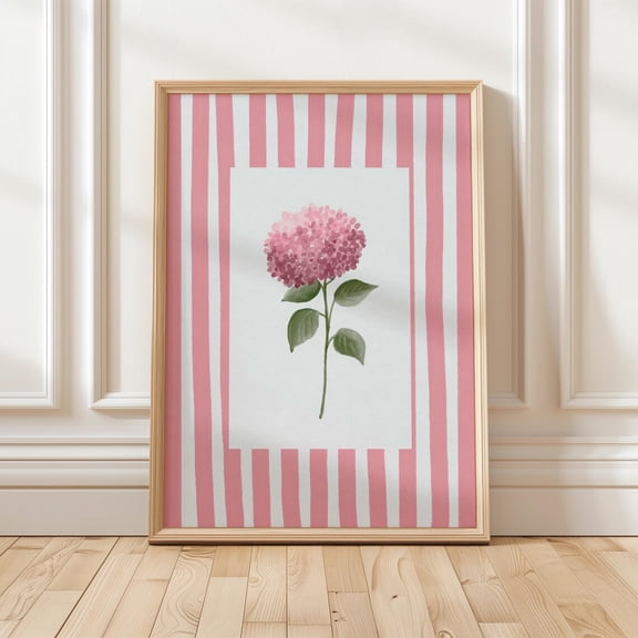 Pink Stripes Hydrangea Minimalist Wall Art Big Flower Modern Home Botanical Illustration Hamptons Decor