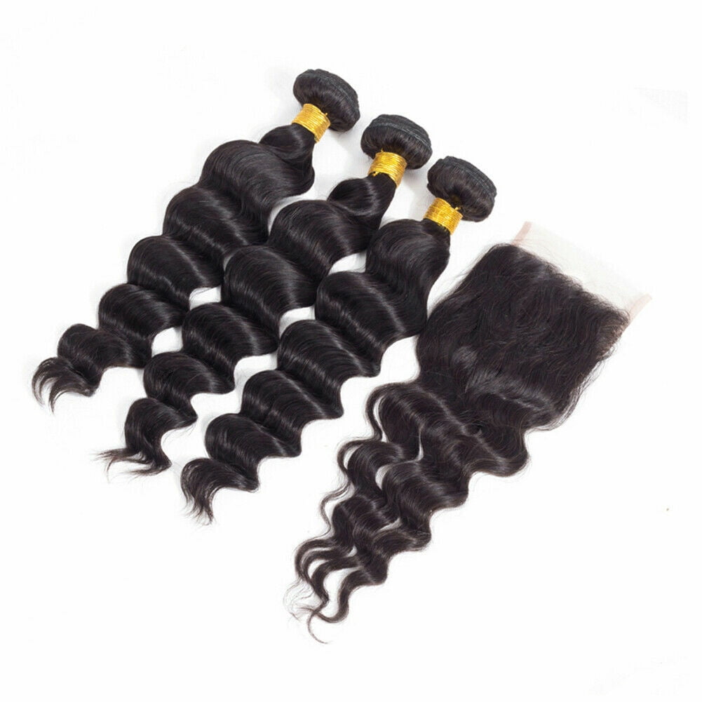 Brazilian Virgin Loose Wave Hair 3 Bundles 100% Unprocessed Remy Human Hair Weave Bundles with Free Part 4x4 Closure Natural Color 22”24“26" - Closure 22"