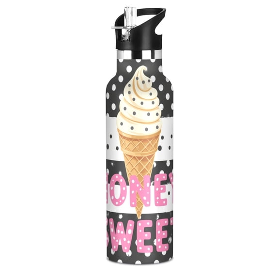 600ml Stainless Steel Water Bottle with Straw/Handle Bike Water Bottle, Dot Ice Cream Printed