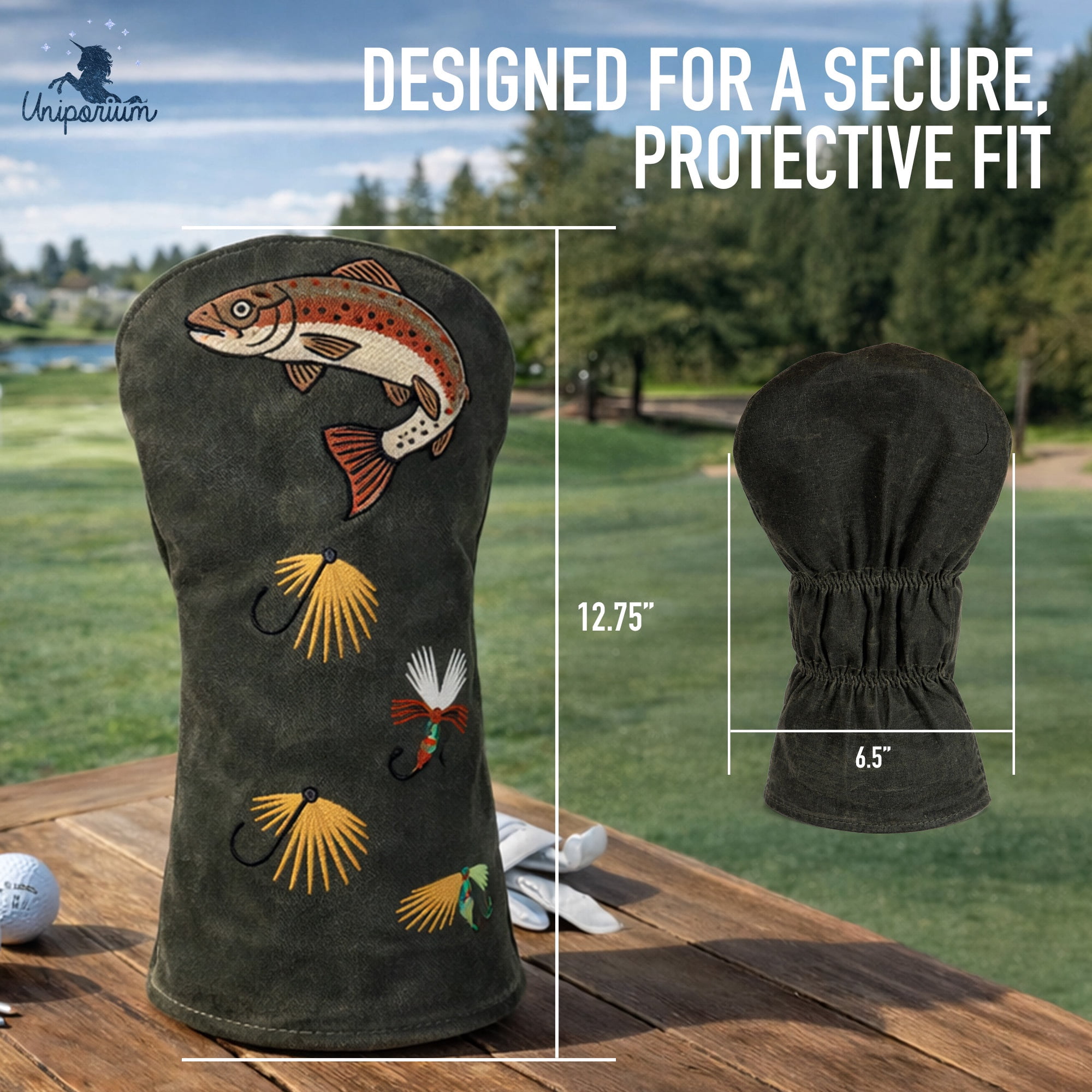 Uniporium Fishing Novelty Head Cover – Premium Waxed Canvas Golf Driver Headcover with Embroidered Fish Details, Designed for Modern 460cc Drivers, and a Fun Golf Accessory and Gift