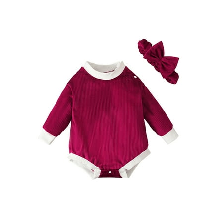 

Binpure Infant Baby Girl Spring Jumpsuit + Bow Headband Contrast Color Long Sleeve Round Neck Ribbed Corduroy Romper