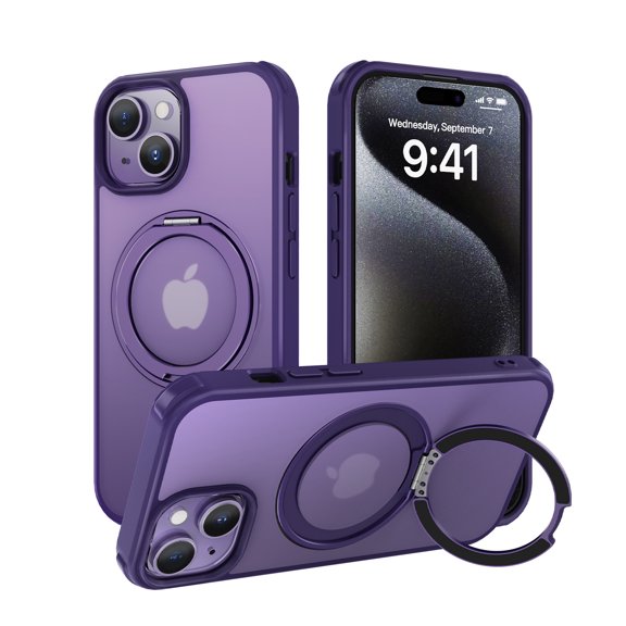 Dteck 360° Rotatable Magnetic Ring Stand Case for iPhone 15,Compatile with Mag Safe Shockproof Rubber PC Slim Translucent Back Cover for iPhone 15,Purple