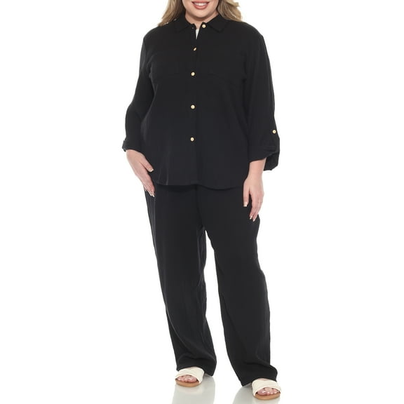 White Mark Women's Plus Size 2-Piece Oversize Long Sleeve Button Down Cotton Linen Gauze Lounge Beach Set