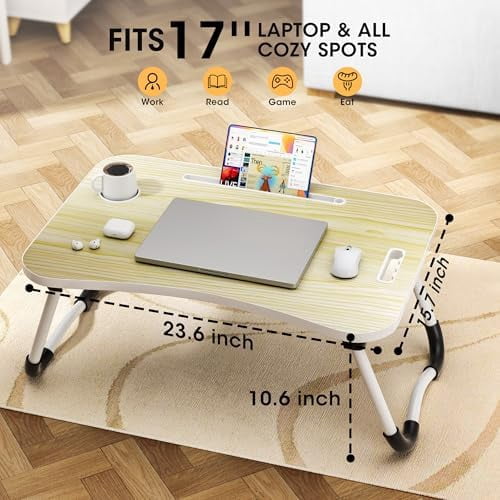 Folding Lap Desk, 23.6 Inch Wood Laptop Bed Desk with Cup Holder, Portable Bed Table for Working Writing Reading & Eating for Bed, Sofa, Couch, Floor - Beige