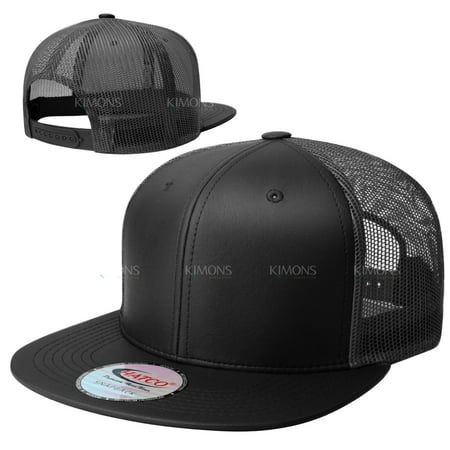 

Leather Snapback Hat Hip Hop Baseball Cap Trucker Mesh Solid Plain Flat Bill Men Mesh - Black