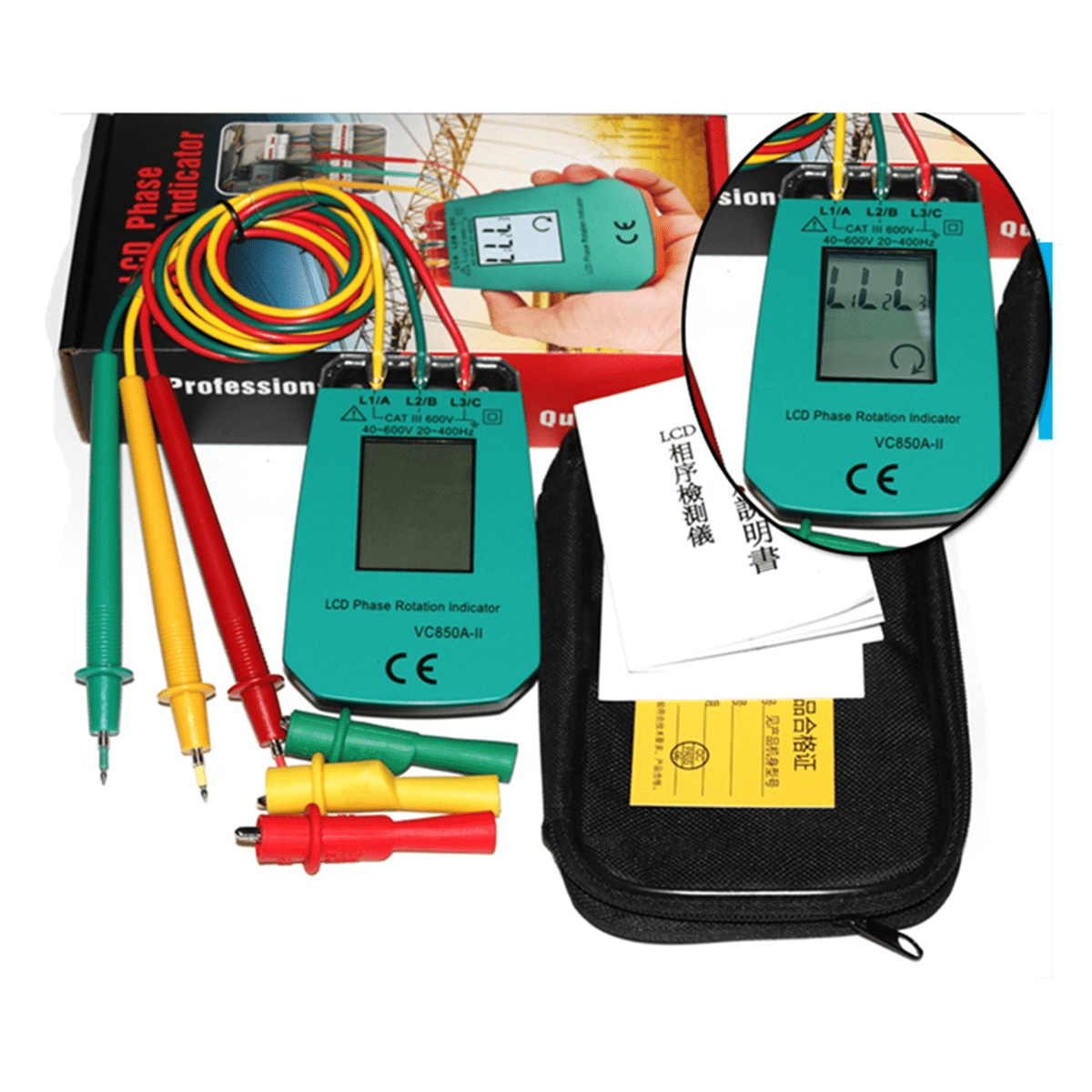 3 Phase Tester Digital Phase Indicator Detector LED Phase Sequence Meter Voltage Tester 40V-600V AC