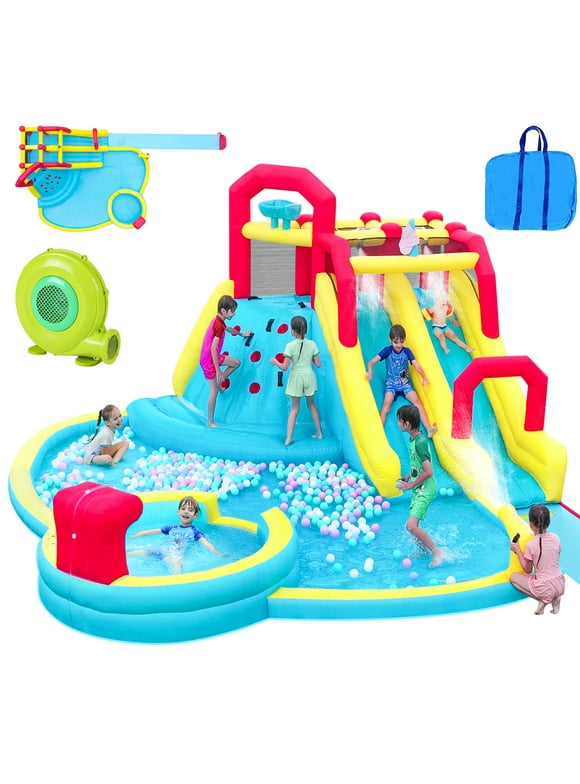7 in 1 Inflatable Water Slide Bounce House,Big Size 220.4" x 193.3" x 102.3",Neche Kids Water Park Castle with Blower,2 Water Slides,Double Blow up Splash,Deep Pool,Climbing Wall,Water Canon