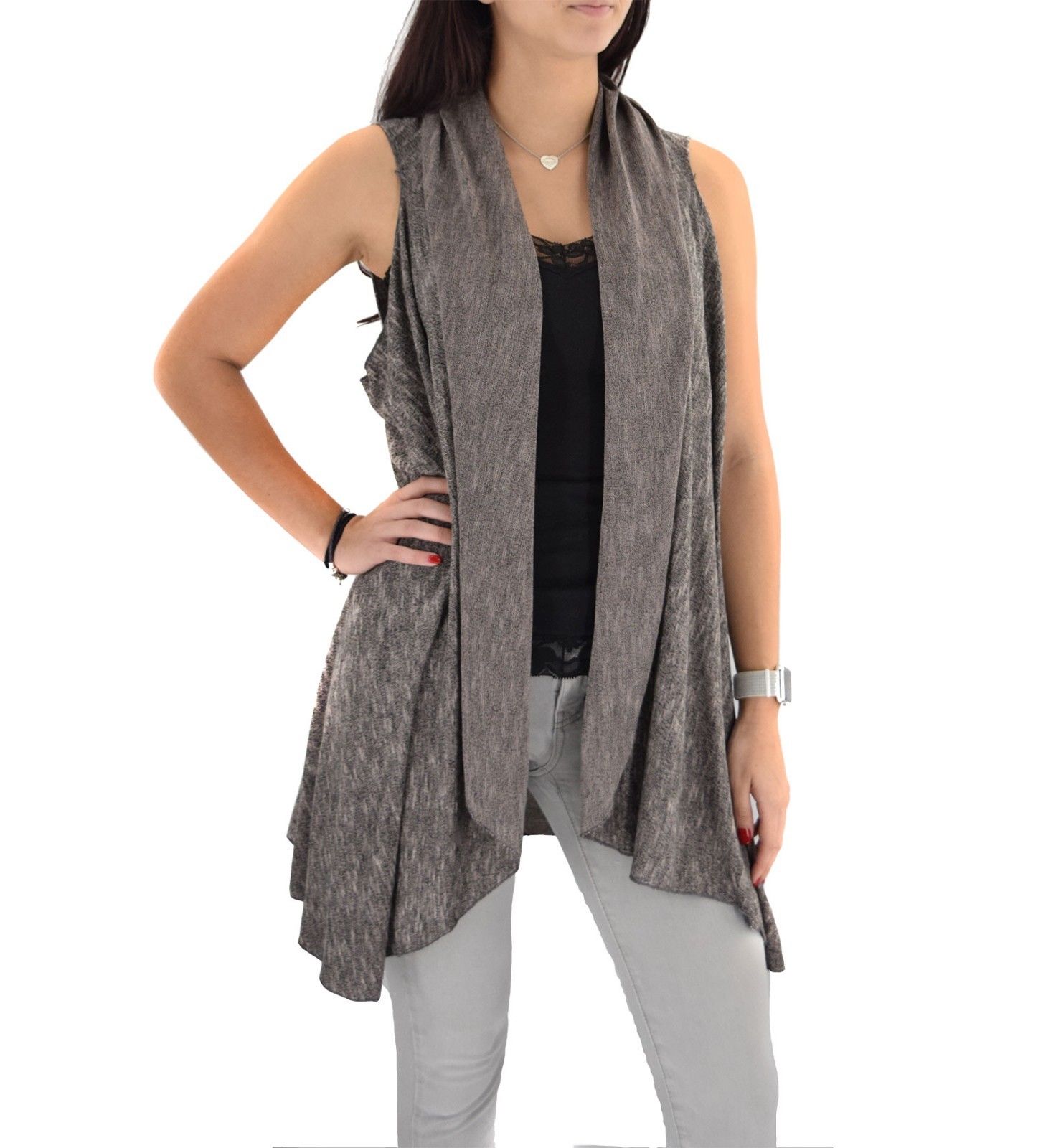 Le Moda Women’s Grey Sleeveless Open Front Vest Cardigan Size Small