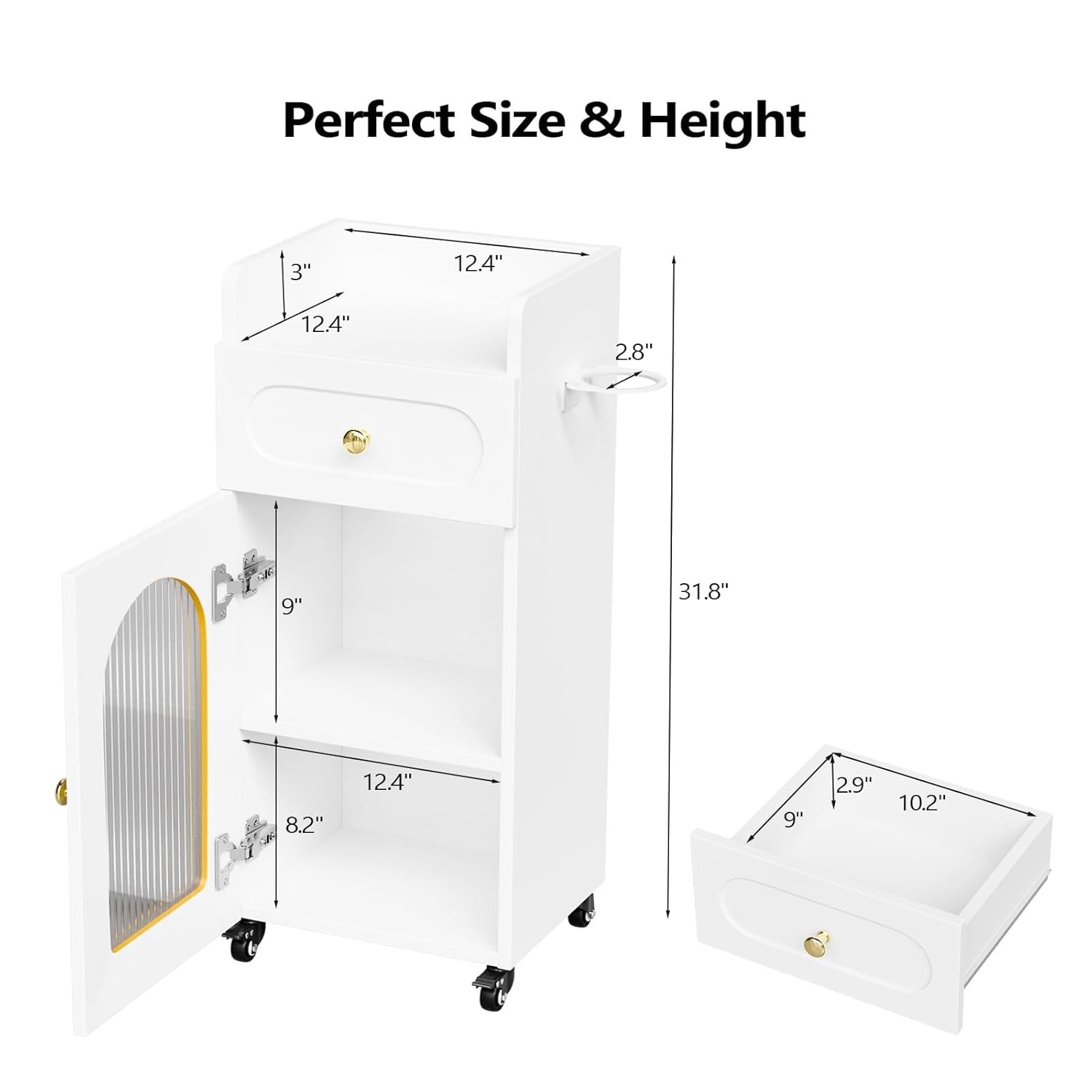 Salon Trolley Cart with Wheels, Hair Cart Mobile Storage Cabinet with Glass Door & Dryer Holder, Esthetician Cart Rolling Salon Station for Barber Beauty Spa Tattoo,Whitew