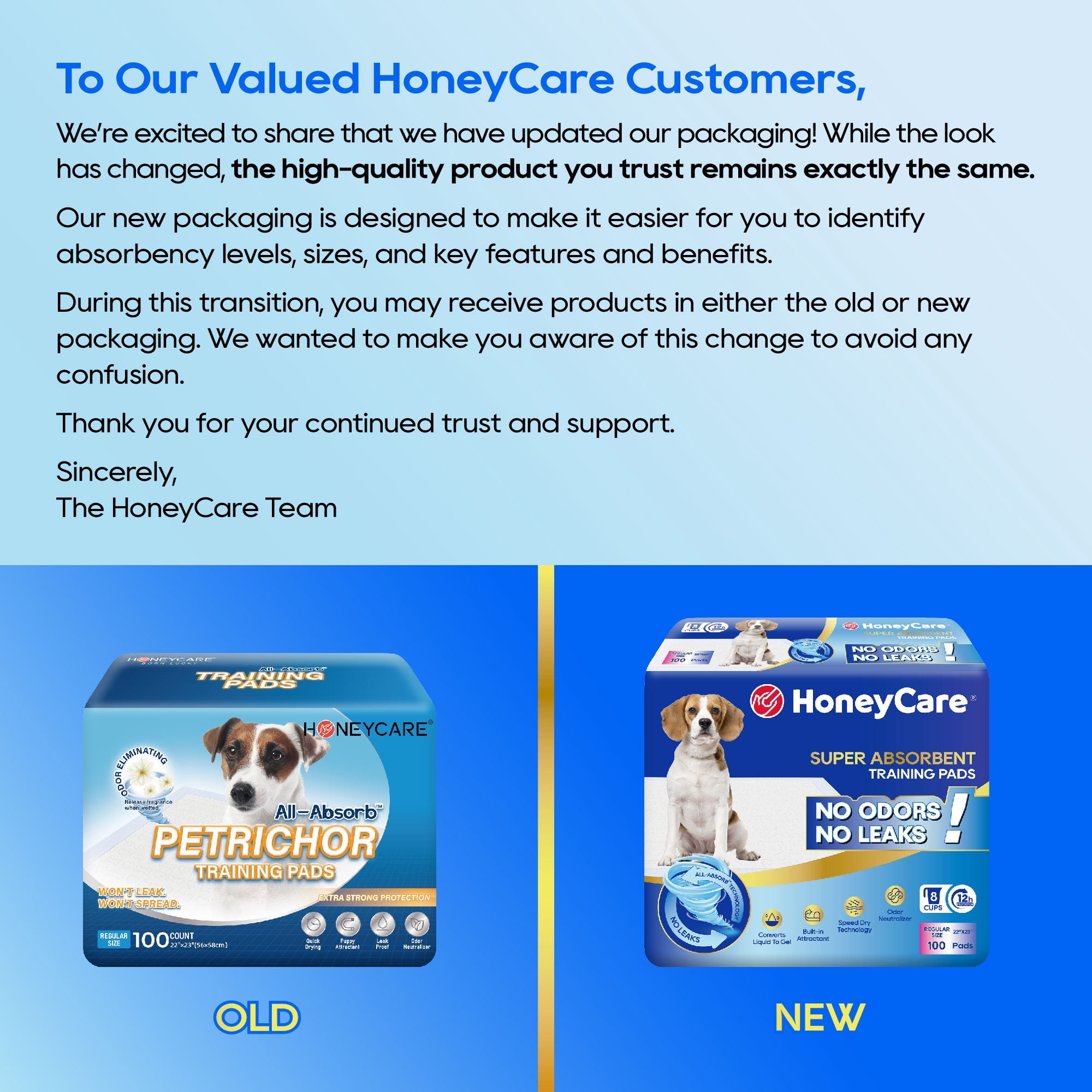 Honey Care A01 Large 22" x 23", 100 Count,Dog and Puppy Training Pads, Ultra Absorbent,Blue