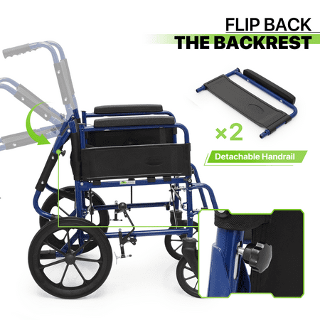Magshion Folding Transport WheelChair, Foldable Rollator Chair with Swing-Away Footrests, Flip Back Backrest and Parking Brake for Adults, Disabled, 300lbs Weight Capacity, Blue
