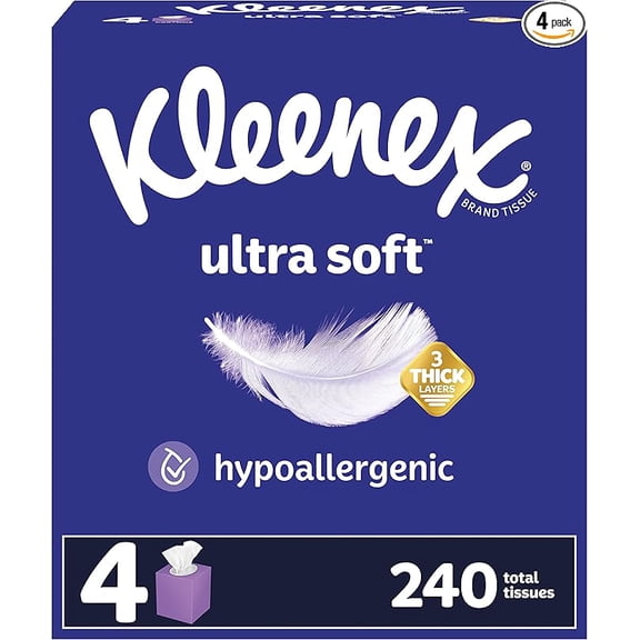 Kleenex Ultra Soft Facial Tissues, 4 Cube Boxes, 60 Tissues per Box, 3-Ply (240 Total), Packaging May Vary
