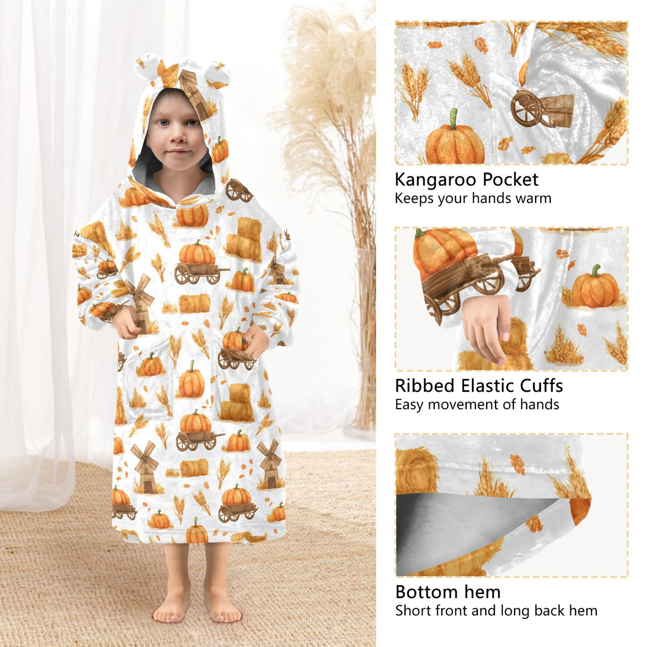 Wearable Blanket Hoodie for Kids Pumpkin Wheat Flannel Hooded Blanket with Pockets and Sleeves Suitable for Boys and Girls