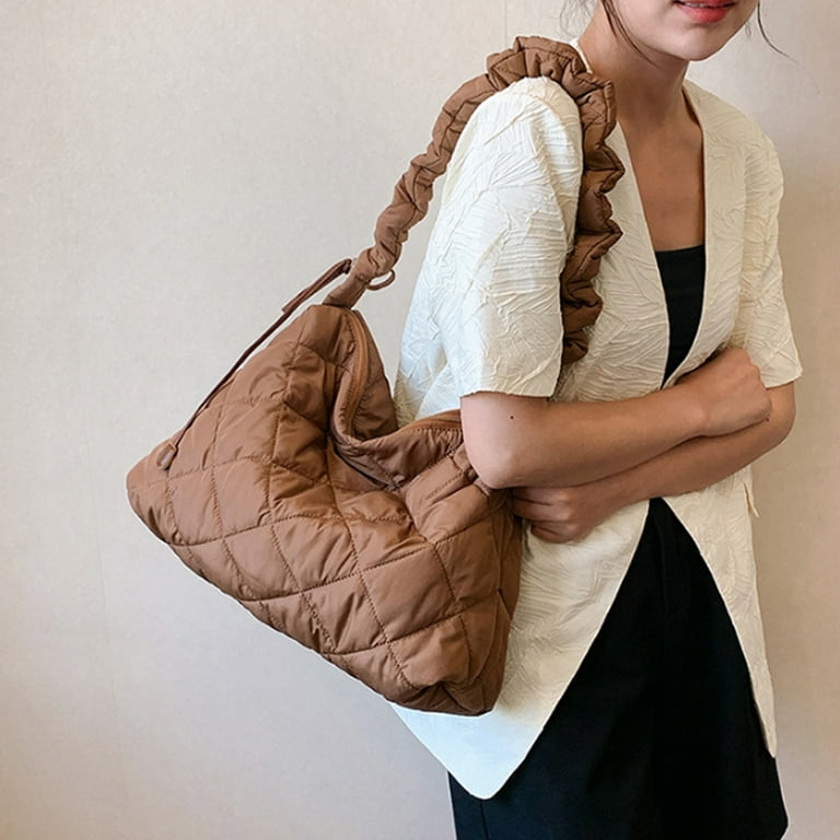 Women Large Puffer Shoulder Bag, Winter Soft Tote Bag, Cotton Padded Down  Handbag Puff Bag Pillow Shopper Bag 2023 (Color : Khaki)