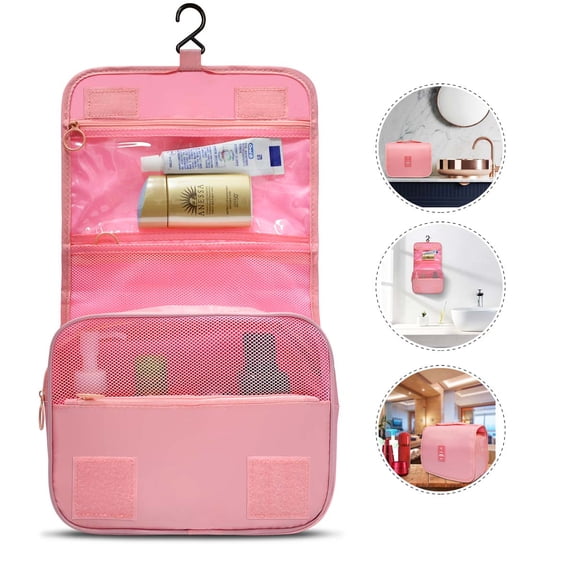 Tekcoo Large Hanging Travel Toiletry Bag/ Makeup Bag, Cosmetic Bag Travel Makeup Organizer for Accessories, Shampoo, Full Sized Container, Toiletries Pink
