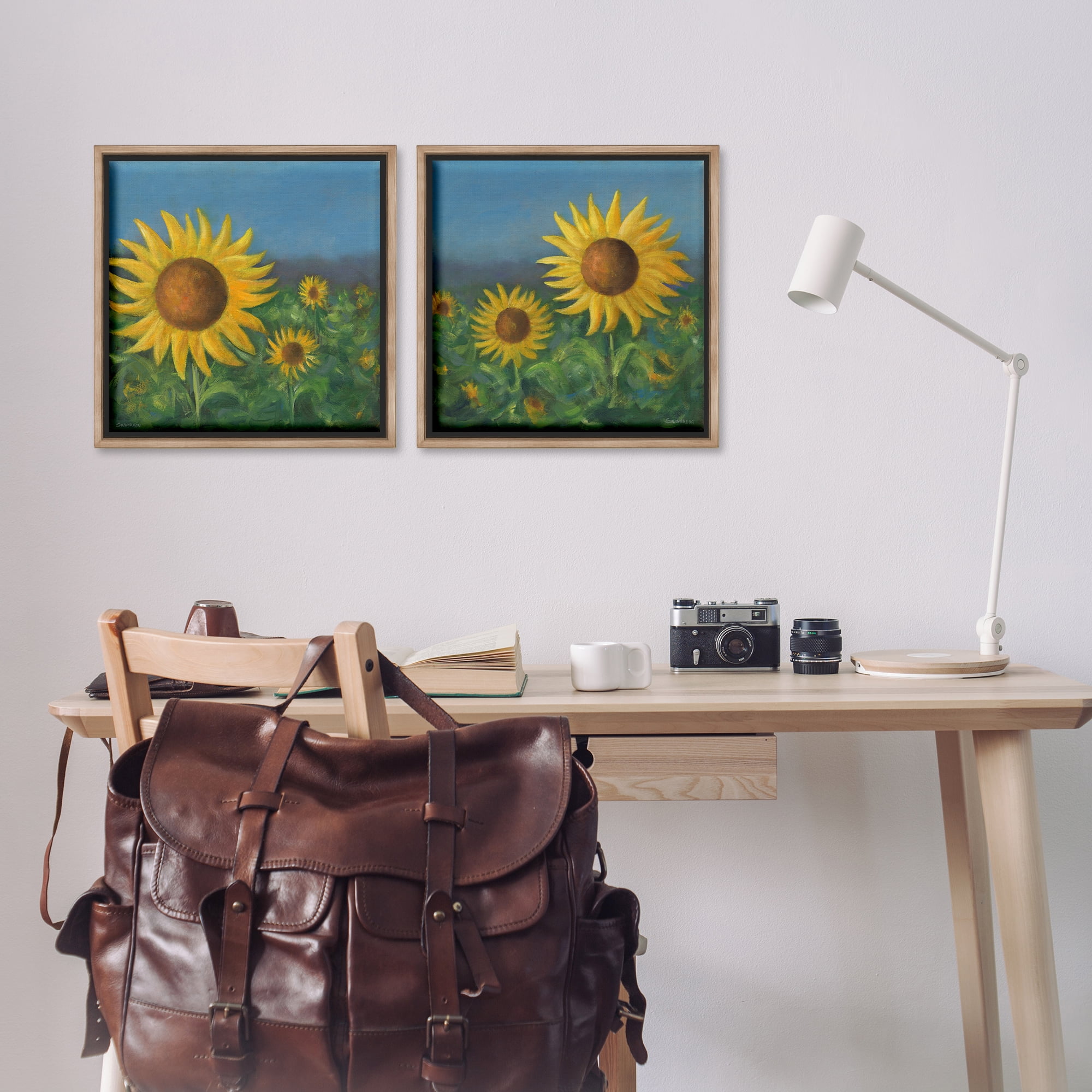 Stupell Industries Gorgeous Sunflower Field Plants & Flowers Painting Brown Floater Framed Canvas Art Print Wall Art, 18 x 18, Set of 2