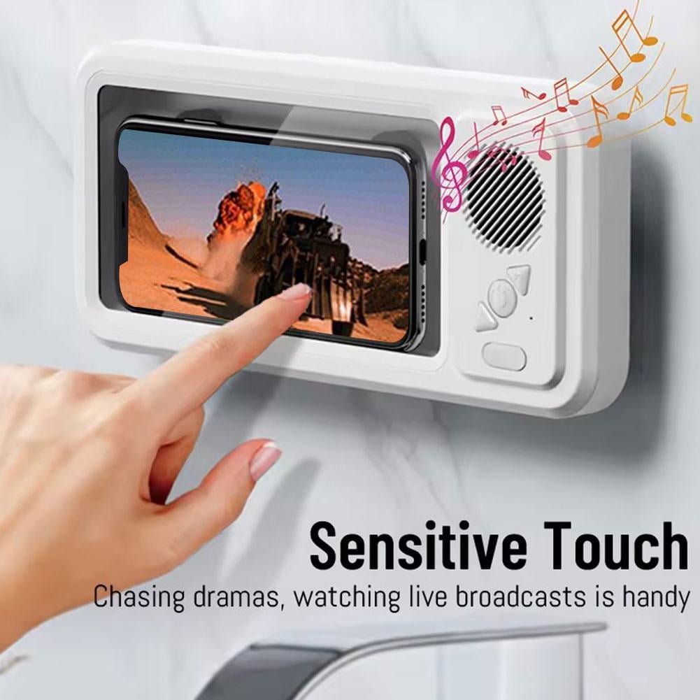 Waterproof Phone Case with Built-in Speaker, Anti-Fog Shower Phone Holder Stand with Wireless Bluetooth Speaker for Bathroom Bathtub Kitchen Wall Mirror