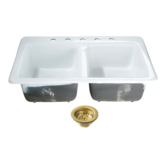 Kingston Brass KGT33229D57 Petra Galley 33-Inch Cast Iron Self-Rimming Double Bowl Drop-In Kitchen Sink (5-Hole) with Basket Strainers x 2 in White/Brushed Brass