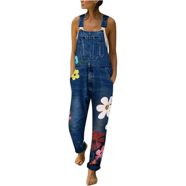 Salopette en Denim pour Femmes Wuai, Combinaison Décontractée à Imprimé Floral, Ample, avec Poches