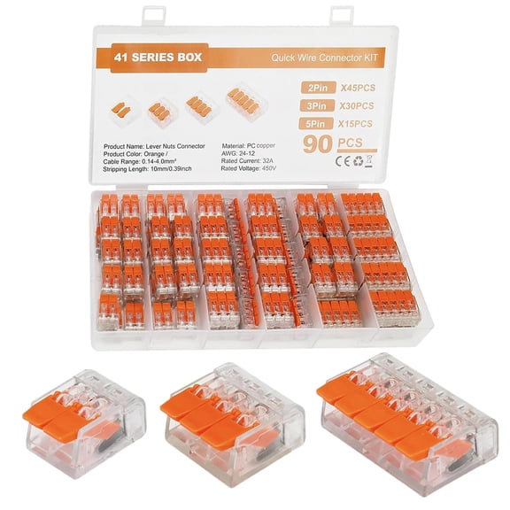 90pc Compact Splicing Wire Connectors for Wago 221 Electrical Connectors Wire Block Clamp Terminal Cable Reusable, Electrical Lever Nuts Wire Connector Assortment Pack