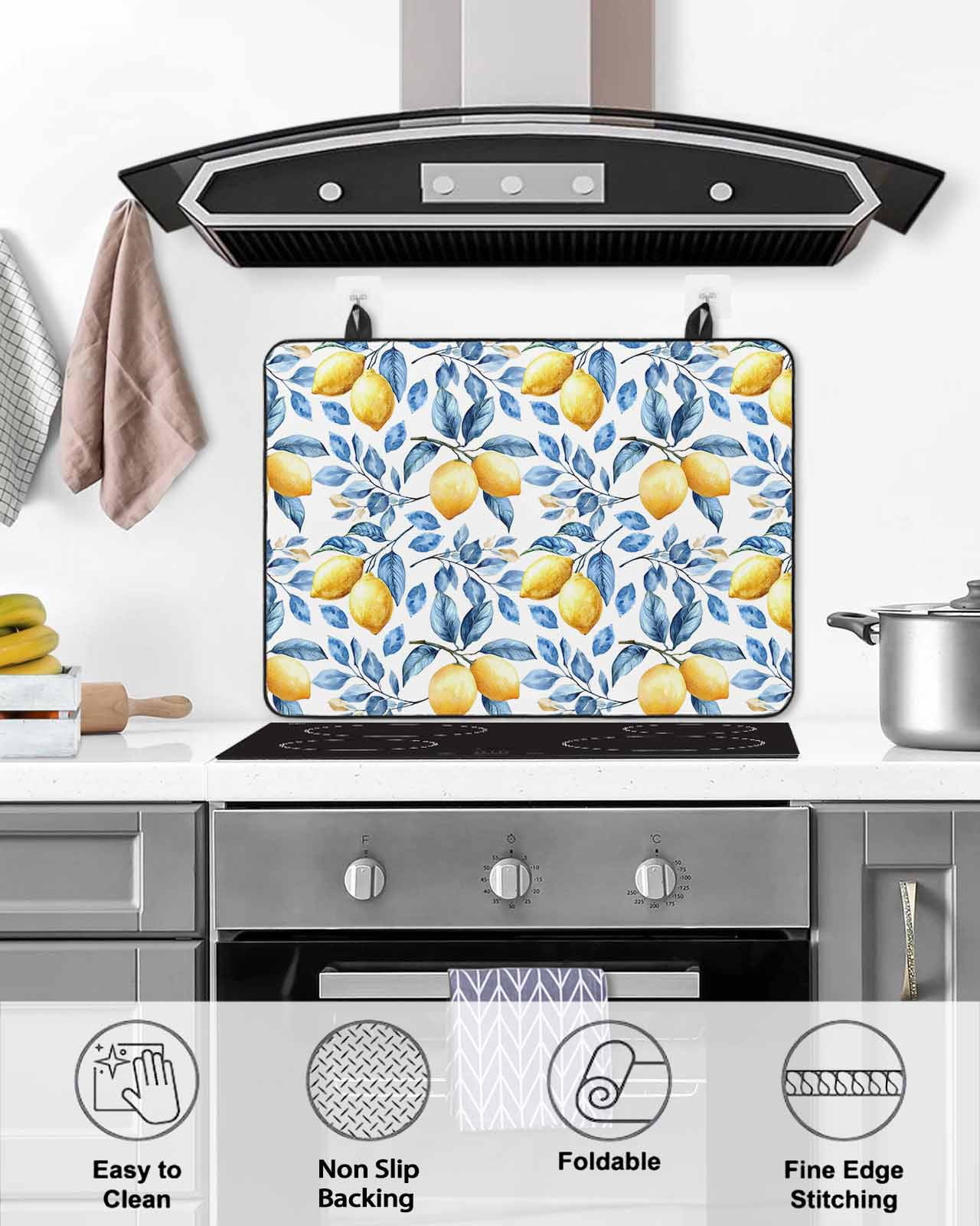 nqOlkjepod Large Induction Cooktop Protector Mat 24"x21", Lemon Leaf Stove Top Covers for Electric Stove, Yellow Fruit Blue Botanical Plant Summer Stove Burner Cover Mats, Glass Top Stove Cover