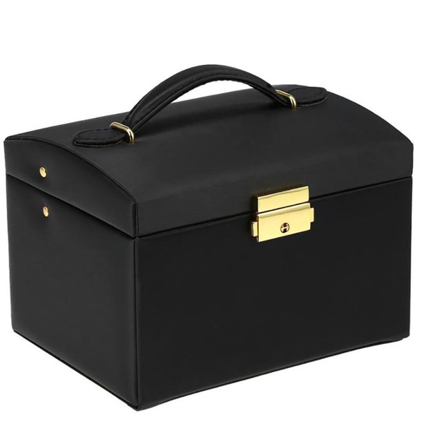 Caja organizadora de almacenamiento de joyas de tres capas, vitrina de PU para pendientes y collares (negro)