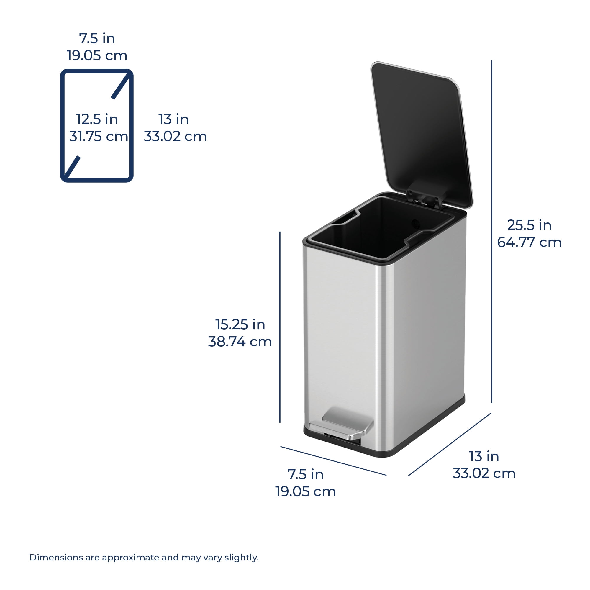 Nine Stars Bathroom Trash Can, 2.6 Gallon Stainless Steel, Step Garbage Bin with Soft Close Lid, Silver