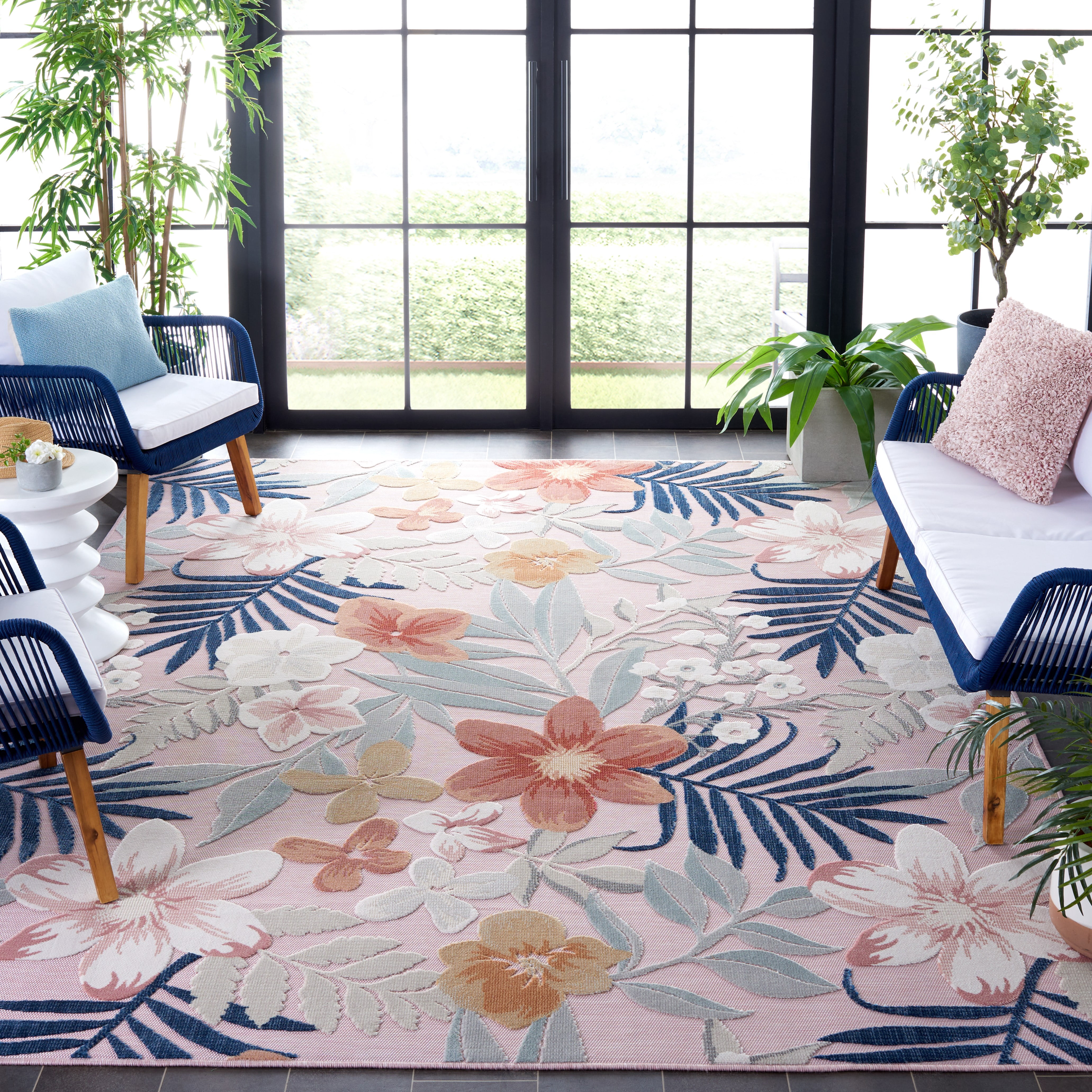 SAFAVIEH Cabana Caris Indoor/Outdoor Area Rug, Pink/Grey, 7' x 7' Square