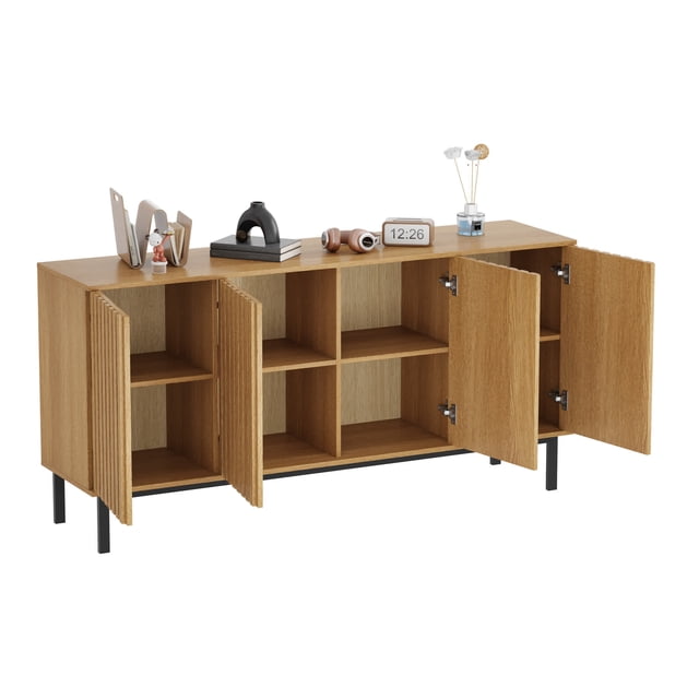 Ourlova Buffet Moderne avec 4 Portes Cannelées et Tablette Ajustable Crédence en Bois Bar à Café