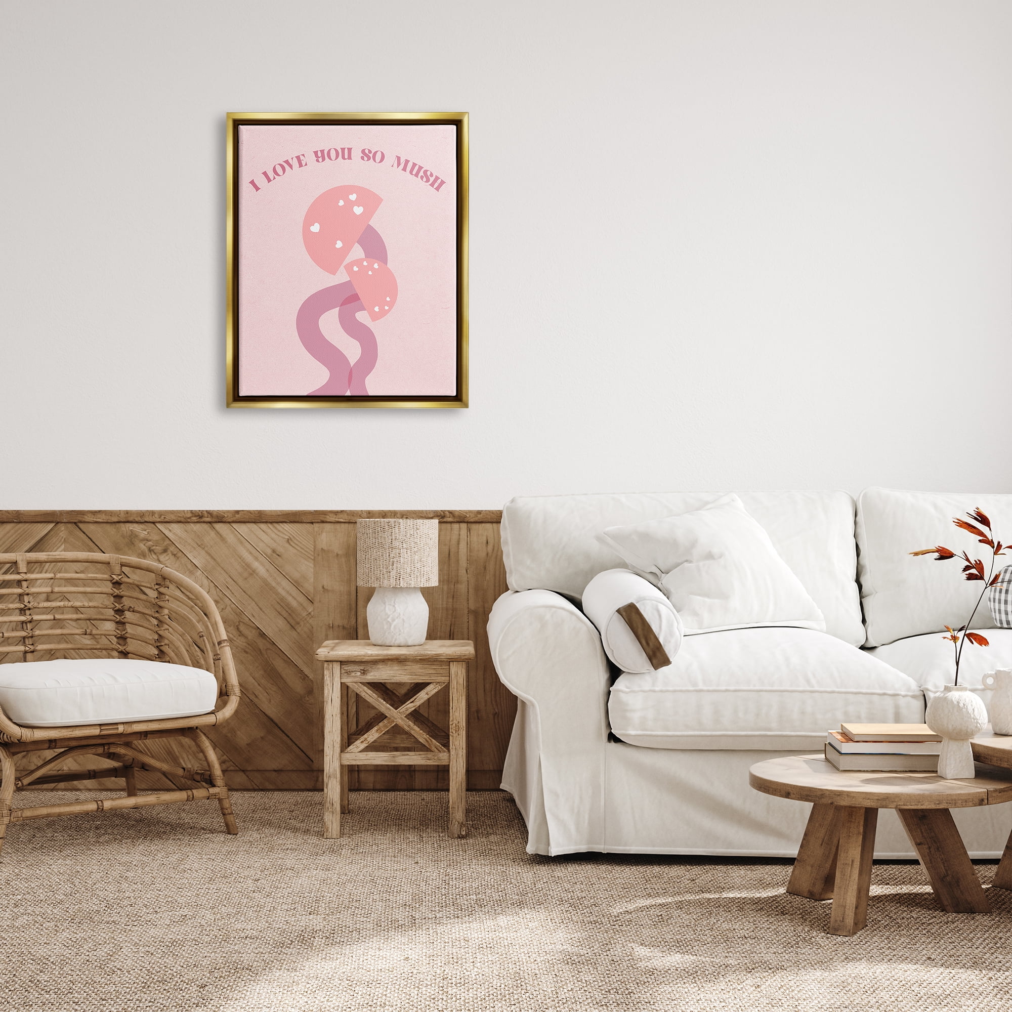 Stupell Industries Love You Pink Mushrooms Botanical & Floral Painting Gold Floater Framed Canvas Art Print Wall Art, 25 x 31