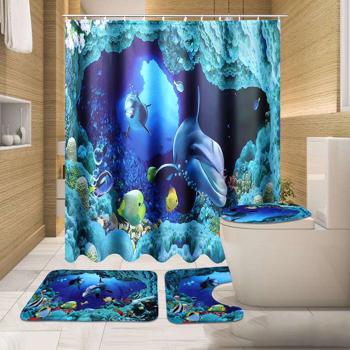 Watercolor Coral Fish Door Bath Mat Toilet Cover Rug Shower Curtain Bathroom Art 