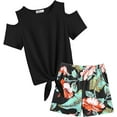thumbnail image 3 of Oudiya Girls Summer 2 Pieces Outfits Short Sleeve Tie Knot Top Shirt and Casual Shorts with Pockets Cute Clothing Short Sets, 4-11 Y, 3 of 9