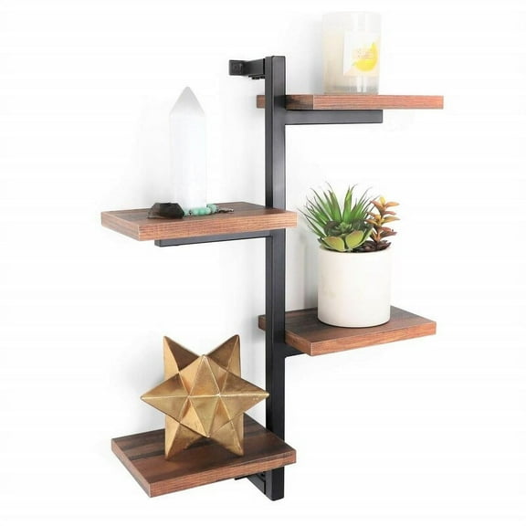 Designer Decorative 4-Arms Black Metal Rustic Wooden Floating Wall Shelves Brown