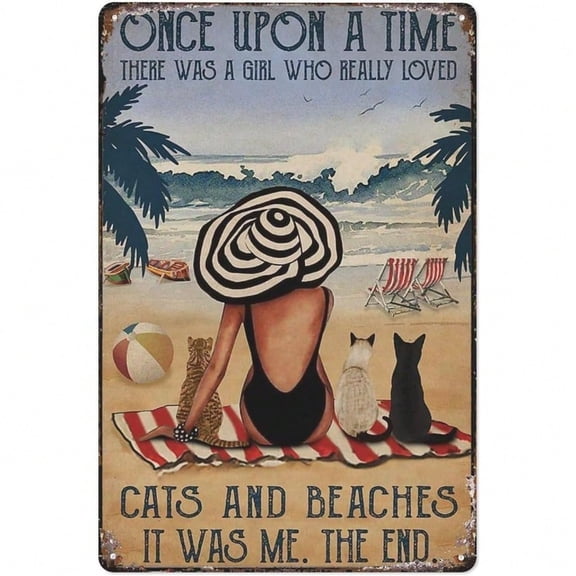 HELLOYOUNG Vintage Beach Cat Metal Tin Sign Retro Wall Art Decor - Rustic Plaque for Home Bar Cafe Wall Hanging