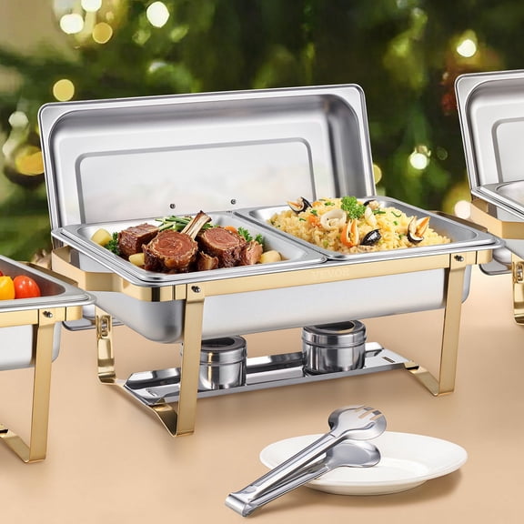 8 Qt Gold Rectangle Chafing Dish Set - 4-Pack Buffet Full/Half-Size Pans