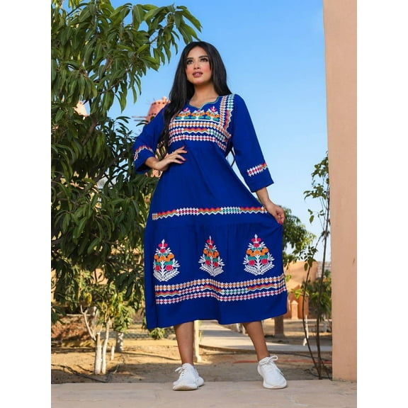 Blue Tunic embroidered kaftan, Bohemian embroidery tunic dress, embroidered tunic kaftan, Egyptian cotton, Summer, party, casual, home dress Materials: Egyptian cotton, Size: M, Color: Blue
