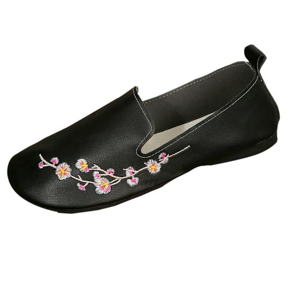 Black Women S Casual Moccasin Shoes With Flower Embroidery Round Toe For Everyday Comfort