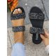 thumbnail image 2 of Women Rhinestone Decor Double Strap Flat Sandals, Brown Slide Sandals, 2 of 4