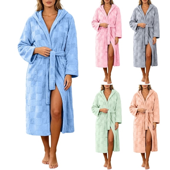 HBGVBA Hooded Flannel Robe for Women,Solid Bathrobe with Pockets,Cozy Loungewear Sleepwear
