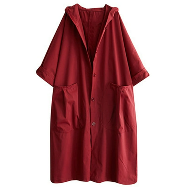 Women's Plus Size Military Trench Coat, Longline Utility Style Jacket With Hood For Fall And Winter