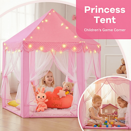 WILWOLFER PRINCESS PLAY TENT FOR GIRLS WITH RUG & STAR LIGHTS – PINK INDOOR CASTLE PLAYHOUSE FOR KIDS, PRETEND PLAY TOY FOR INDOOR & OUTDOOR USE