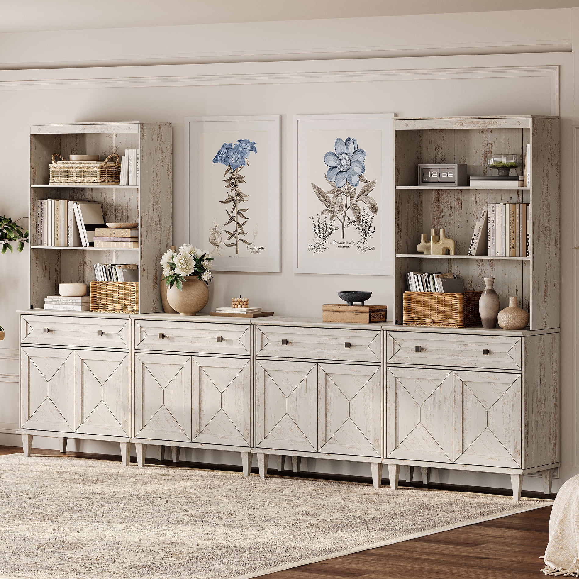 WAMPAT Patchwork 126" TV Stand with Cabinets and Shelves for 70" TV,White