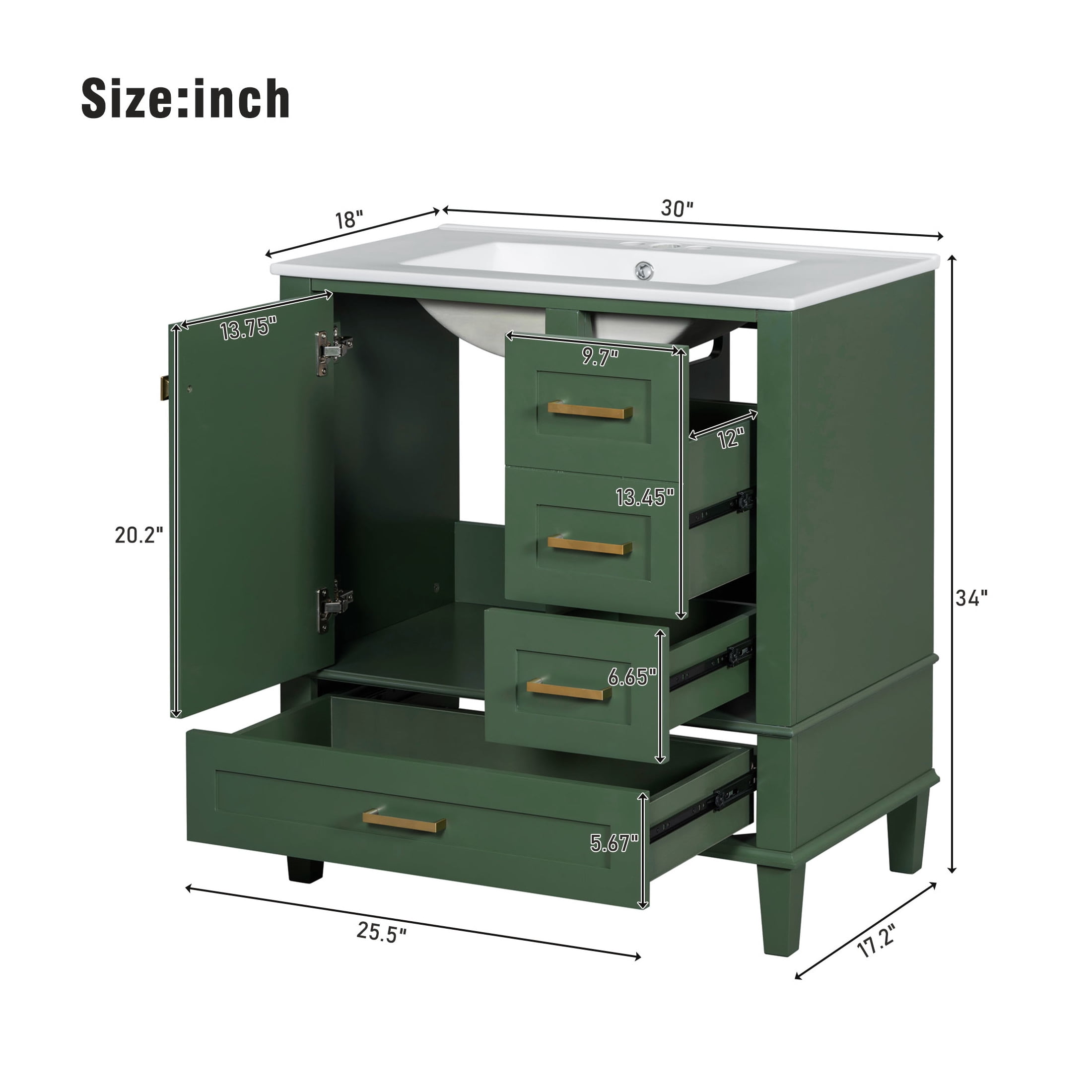 Nyveth Modern Bathroom Vanity with Ceramic Sink, Shelves, Drawers, Wood, Green