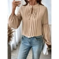 thumbnail image 3 of Womens Tops Casual Pleated V Neck Puff Long Sleeve T Shirts Loose Tunic Business Blouse Khaki M, 3 of 8