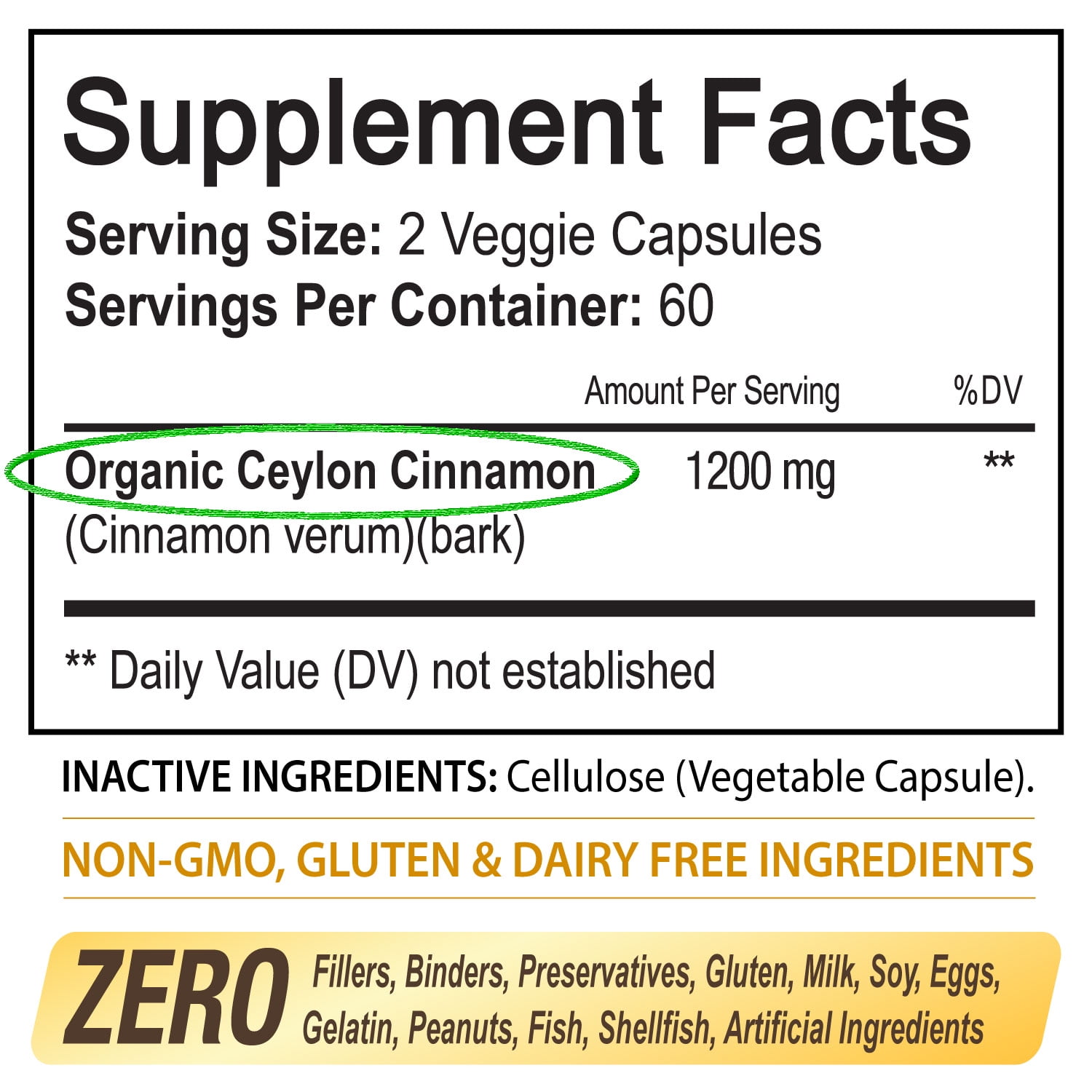NutriFlair Organic Ceylon Cinnamon 1200mg per Serving Dietary Supplement, 120 Capsules